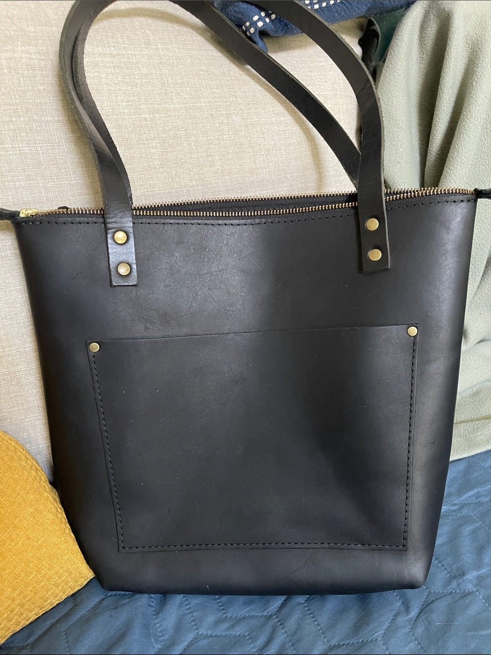 Portland Leather Black Leather Tote with Exterior Pocket